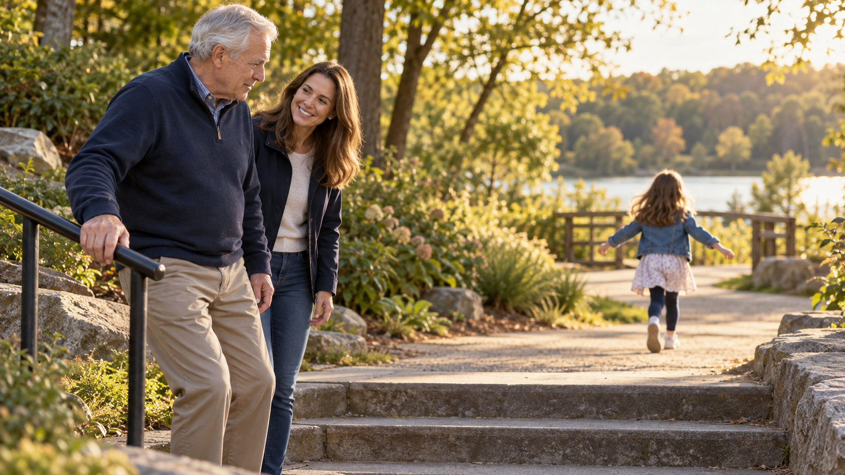Illustrative scene of a grandfather carefully navigating park steps with family nearby
