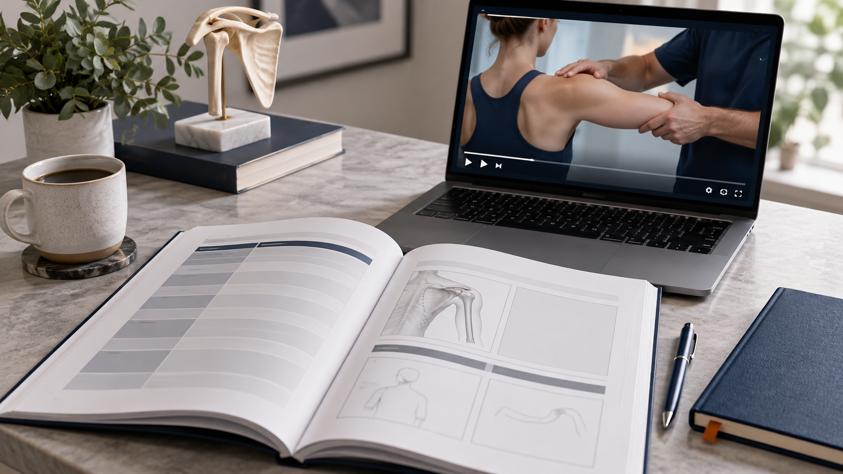 Illustrative study workspace with clinical workbook and shoulder anatomy